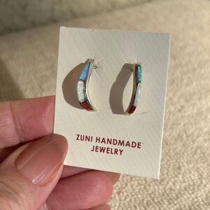 Zuni Handmade Inlay Multi Stone Crescent Hoop Earrings
